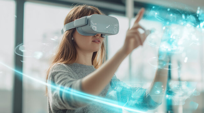 School student with VR headset using AI artificial intelligence technology, machine learning. Interactive technology in classroom. Innovation & smart tech. AI blue orb hologram. Futuristic education	