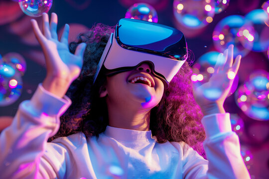 School student with VR headset using AI artificial intelligence technology, machine learning. Interactive technology in classroom. Innovation & smart tech. AI blue orb hologram. Futuristic education	