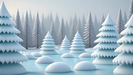 Winter wonderland scene with snowy trees and icicles