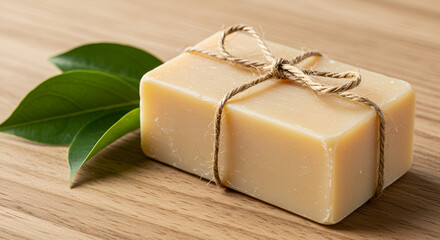 Natural Soap Bar with Twine and Green Leaves on Wooden Surface