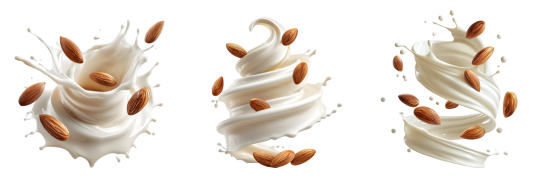Spiral splash of creamy almond milk with flying almonds on a transparent background
