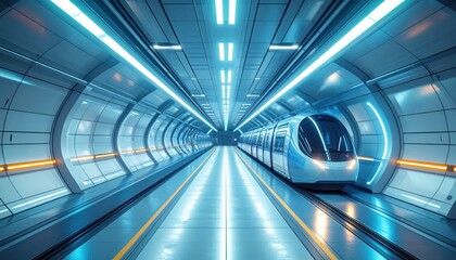 Obraz premium Futuristic Underground Pathway with Glowing Tunnels and Automated Vehicle