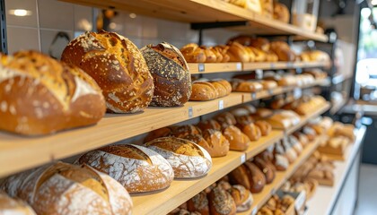 Freshly Baked Bread on Shelves in a Charming Bakery Interior