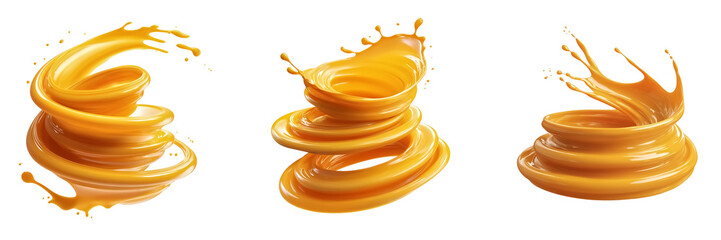 Glossy spiral of orange juice splash floating on a transparent background