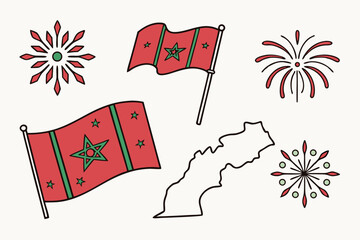 Morocco Flag with Fireworks and Map Silhouette – National Celebration Vector on White Background