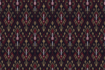 Pixel art ikat pattern with traditional geometric diamond design in earthy burgundy and olive tones, seamless ethnic textile background ideal for digital prints, crafts, and cultural decor themes.