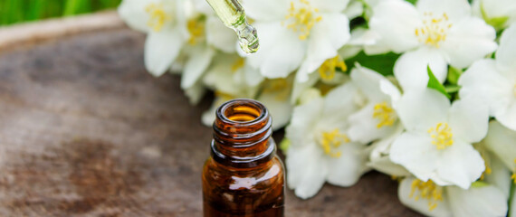 Jasmine essential oil in a glass bottle and jasmine flowers. Oils.
