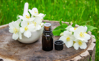 Jasmine essential oil in a glass bottle and jasmine flowers. Oils.
