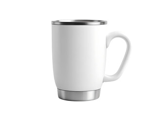 White Thermal Mug Mockup with Stainless Steel Trim. Travel Cup Template. Hot Drink Cup Mockup.