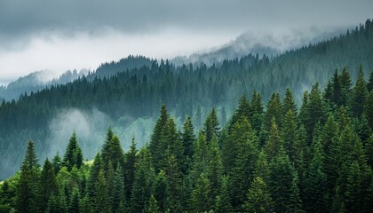 rainy lush green pine tree forest forrest in desolate tract mountains