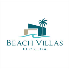 Beach Villa Logo Vector &ndash; Modern Coastal Resort Design with Palm Tree and Ocean Wave