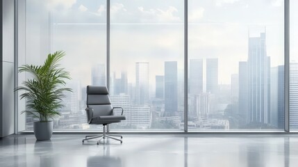 Modern office interior featuring a stunning view of the city skyline creating a bright and professional work atmosphere