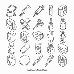 Isometric Medical and Health Equipment Line Icons