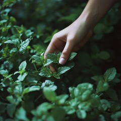 Close-up of a hand gently touching fresh mint leaves in a lush garden