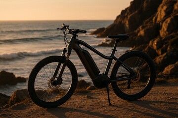 Fototapeta premium Electric bicycle on coastal path at sunset
