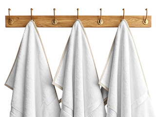 Towel Rack Mockup with White Towels on Wooden Hooks, Realistic Bathroom Decor Template