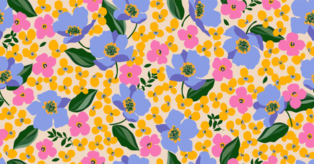 Hand drawn floral pattern, seamless patterns with flowers for fabric, textiles, clothing, printing, packaging, covers, banners, interior decor, abstract backgrounds.