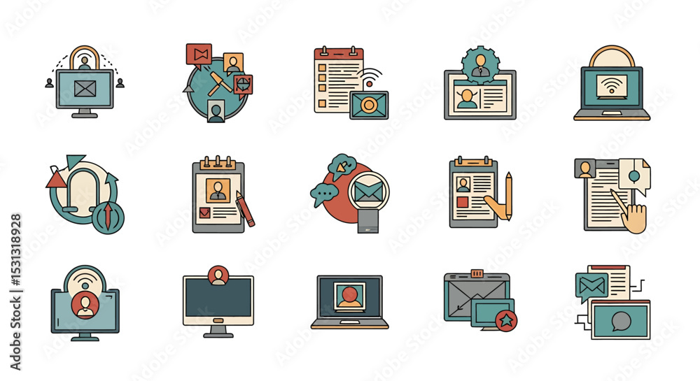 Poster vector icons set of collection of colorful flat icons depicting digital communication and workflow p