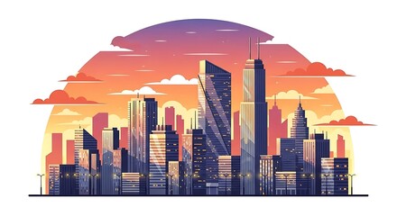 "Urban City Skyline at Sunset – Flat Vector for Modern Design"


