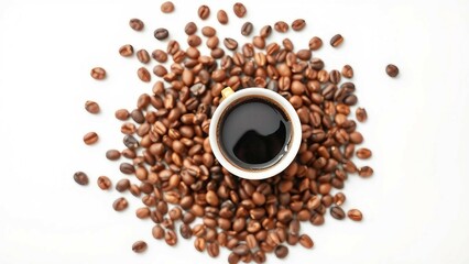Vogelperspektive auf eine Tasse Kaffee, umgeben von Kaffeebohnen – minimalistisches, kraftvolles Design auf weißem Hintergrund.