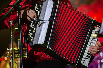 Musician in Red Shirt Playing a Bright Accordion
