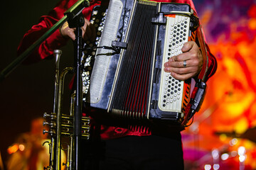 Musician in Red Shirt Playing a Bright Accordion