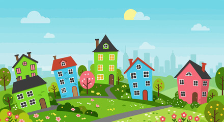 Illustration of a colorful suburban neighborhood with five houses and a city skyline in the background