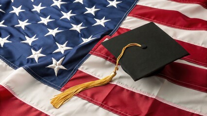 Fototapeta premium Graduation ceremony celebration united states image of graduation cap on flag national pride close up achievement milestone