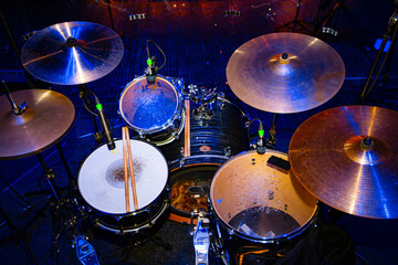 Overhead View of a Drum Set on Stage