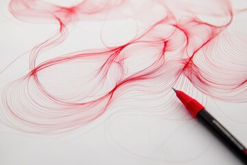 Abstract red lines swirling on white paper, with a red pen