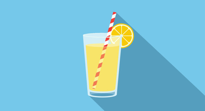 Tall glass of yellow lemonade with lemon slice and red and white striped straw on light blue background
