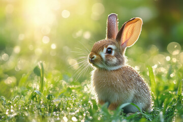 A rabbit sitting in the lush green grass under a vibrant blue sky, surrounded by colorful wildflowers.