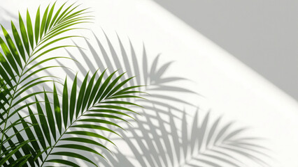 Green Palm Leaves Casting Sharp Shadows on White Wall in Sunlight – Tropical Foliage with Natural Light for Minimal Botanical Background