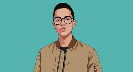 Fototapeta premium Young man in beige jacket and black shirt with glasses looking directly at the viewer