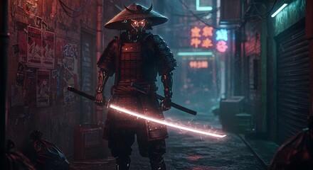 Cyberpunk Samurai Neon-Lit Alleyway Warrior Digital Art