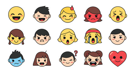 Vector icons Set of  Collection of Cute Cartoon Emojis Displaying Various Emotions. Vector Illustrations