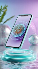 Smartphone displaying cryptocurrency symbol on wireless charging base