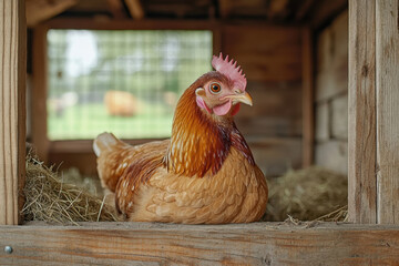 Chicken resting on hay in a barn.