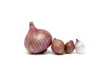 onions (shallots), slices and half isolated on white background,