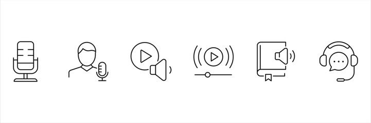 Podcast outline icon set. Set of outline icons related to podcast. Containing microphone, radio, webcast, broadcast, audio, channel, video, headphones, news, and more. Vector Illustration.