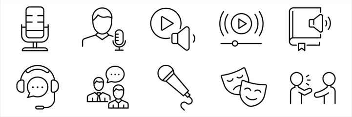 Fototapeta premium Podcast outline icon set. Set of outline icons related to podcast. Containing microphone, radio, webcast, broadcast, audio, channel, video, headphones, news, and more. Vector Illustration.