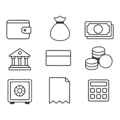 Business Finance Icon Set - Wallet, Money, Bank, Credit Card, Coins, Calculator - Flat Outline Vector