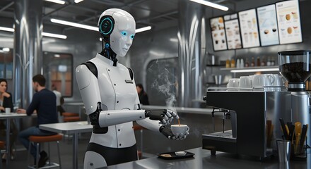 Futuristic Coffee Shop Robot Barista Serving Coffee to Customers
