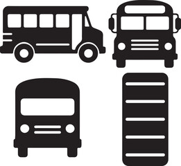 school bus silhouette icons set side, front, back, and top views vector art illustration.