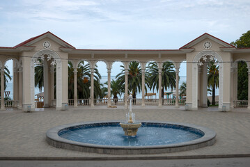 Fountain in front of the colonnade. Primorsky Park in the resort town of Gagra. Abkhazia