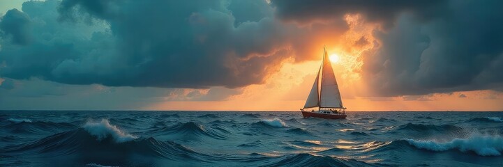 A lone sailboat navigates turbulent waters under a dramatic, stormy sky; embodying courage and the thrill of exploration , turbulent, dramatic