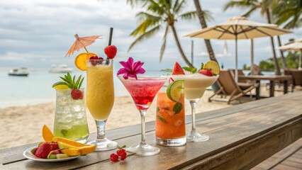 Refreshing cocktail party at the beachfront tropical paradise beverage photography vibrant atmosphere close-up view summer vibes