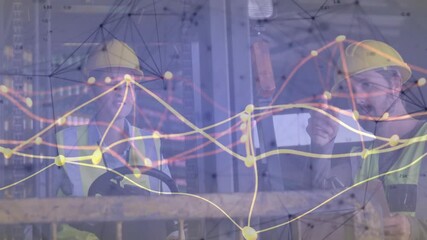 Supervisor tapping tablet and operator exchanging data in construction with animated graph overlay - Powered by Adobe