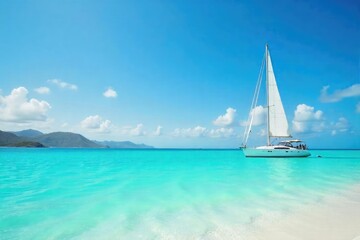Fototapeta premium A sailboat glides across calm turquoise water, near a pristine white sand beach under a vibrant blue sky Perfect for travel, vacation, and summer themes , sunny, cruise