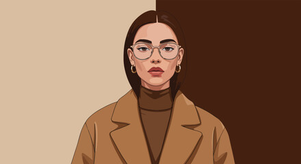 Fototapeta premium Young woman with dark hair and glasses in brown sweater and coat against a split-toned background